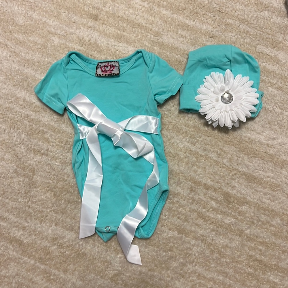 Royal Baby Gem Tiffany Blue outfit with bow and matching flowered hat!